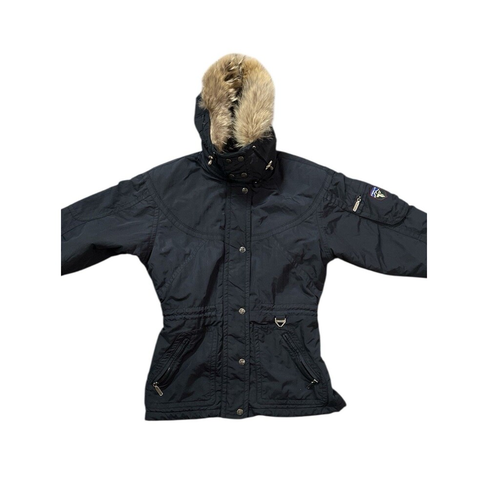 TYROLIA Jacket Women VTG Black Snow Ski Parka  Zip Sz 10 Coyote Fur Hood